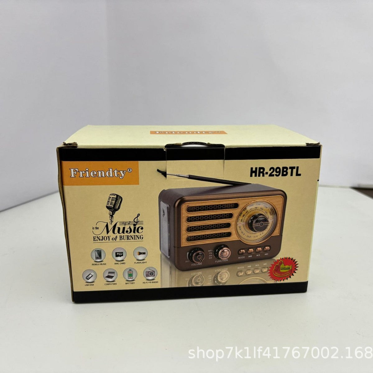 Multi-band Bluetooth radio, portable lighting, retro-style, card-insert speaker, MP3 player.